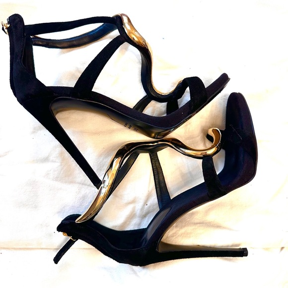 Giuseppe Zanotti Venere Gold Snake Embellished Suede Sandals Black 37.5 7.5 - Picture 3 of 10